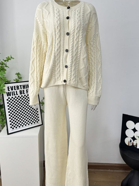 Cable Knit Cardigan & Wide Leg Pants Sweater Set