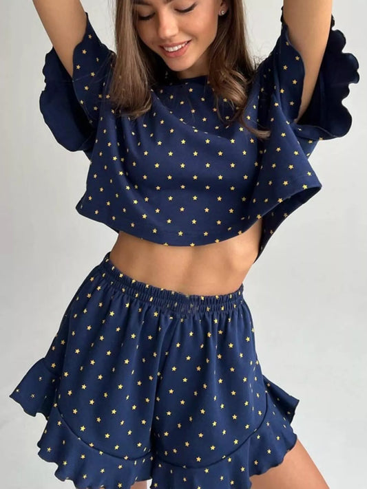 Printed Crop Top and Ruffled Shorts Lounge Set