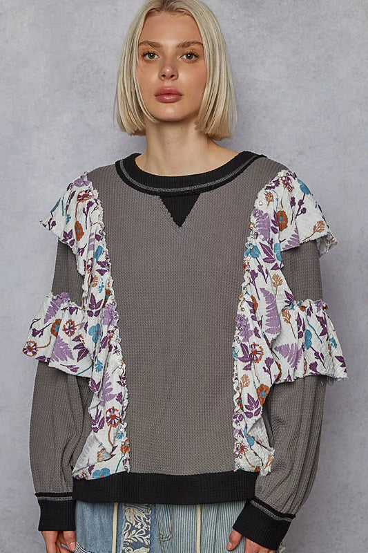 POL Round Neck Sweater with Floral Ruffle Detail