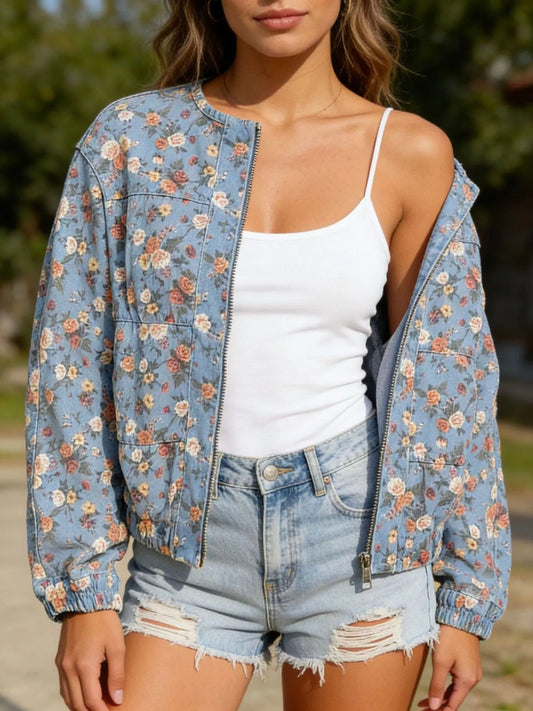 Floral Print Zip Up Denim Jacket