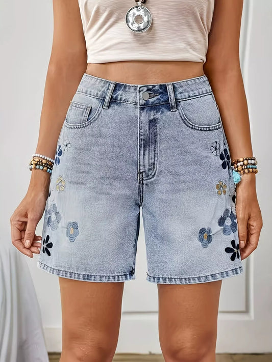 Embroidered Floral Denim Shorts