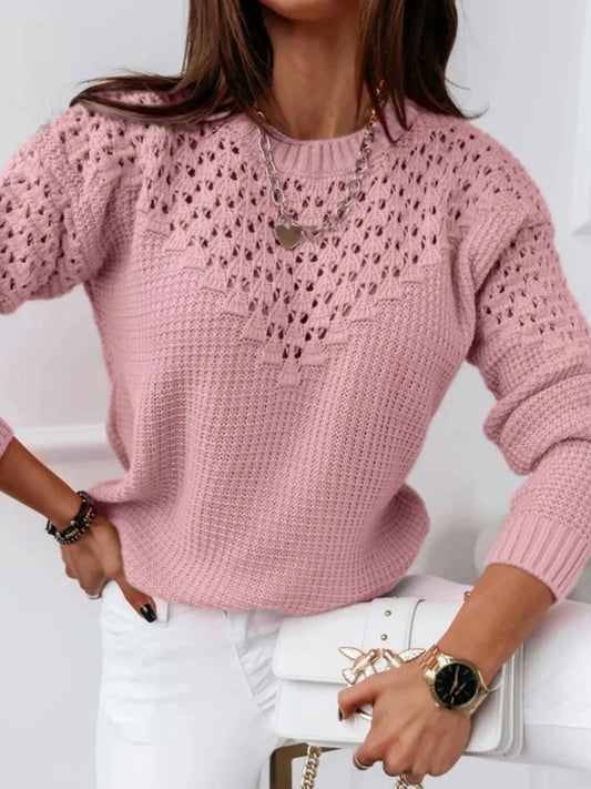 Textured Openwork Round Neck Sweater