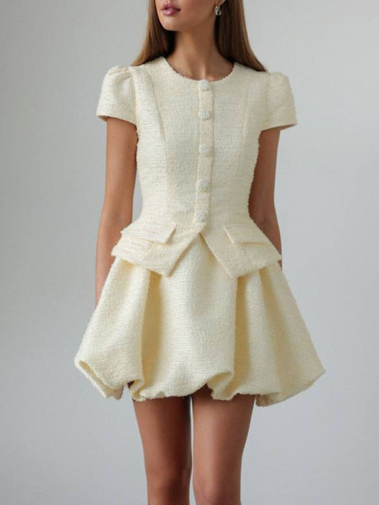 Button Up Short Sleeve Top and Bubble Hem Skirt Set