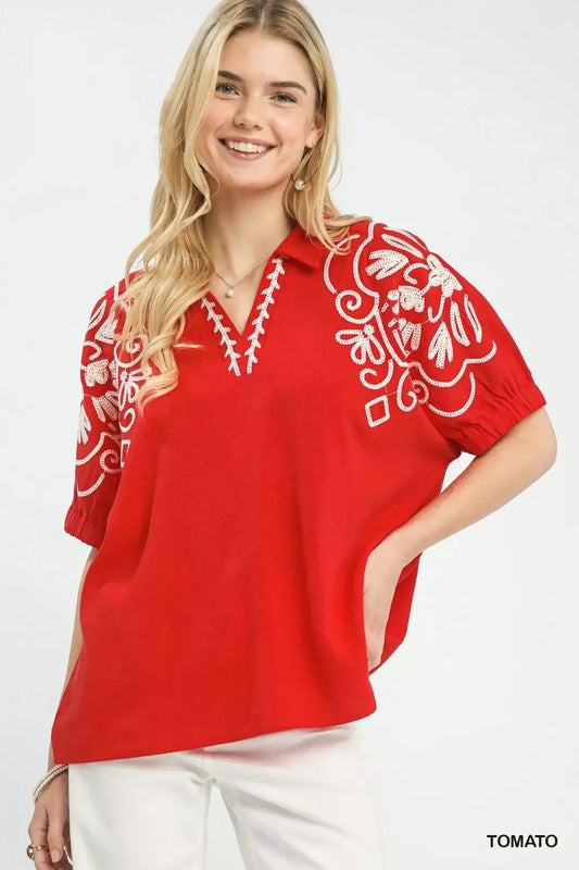 Umgee Floral Embroidered Sleeve Blouse