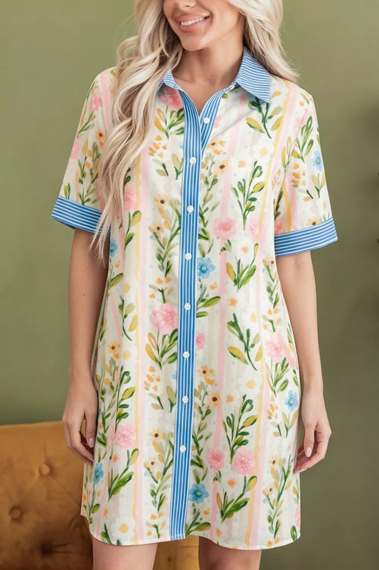 Multicolour Floral Print Striped Trim Button Down Shift Dress