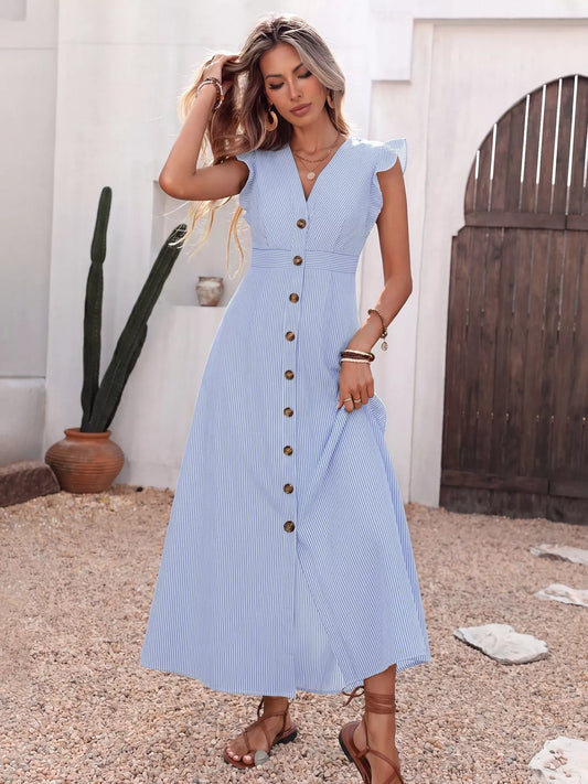 Ruffle Sleeve Button Front Midi Dress