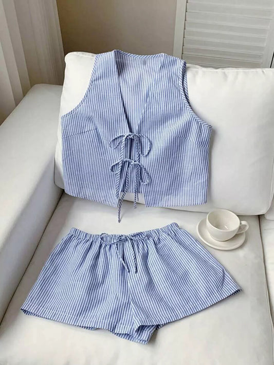 Striped Tie-Front Vest and Shorts Set