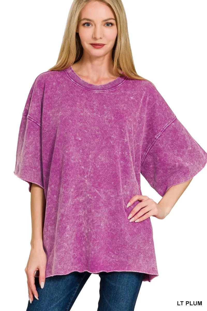 Zenana French Terry Washed Drop Shoulder Short Sleeve Top