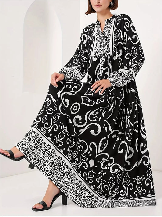 Printed Notched Balloon Sleeve Maxi Dress