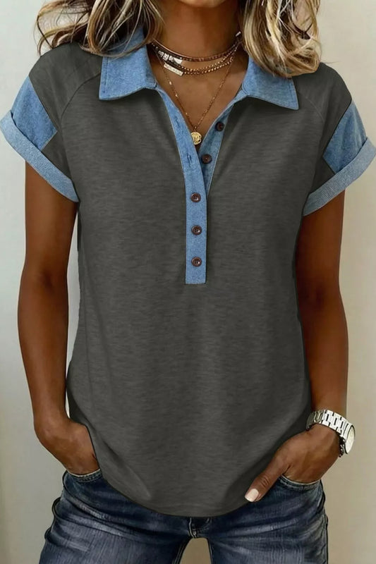 Color Block Polo Neck Patriotic Sequin Star Graphic Polo Tee