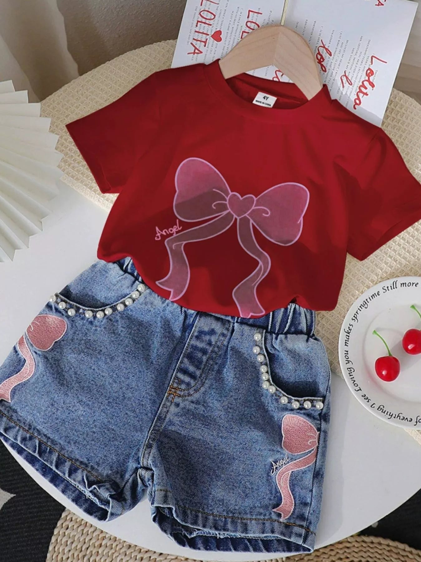 Children's Bowknot T-shirt and Denim Shorts Set