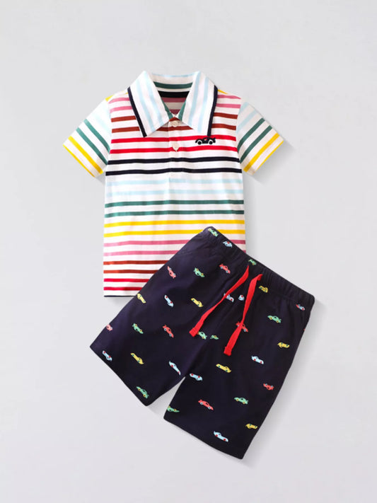 Children's Colorful Striped Polo Shirt and Car Print Shorts Set