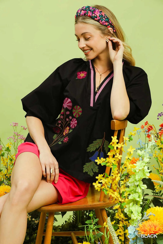 Umgee Embroidered Floral V-Neck Blouse