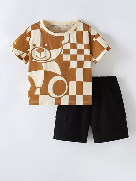 Children's Checkerboard Bear Print Casual Kids Set