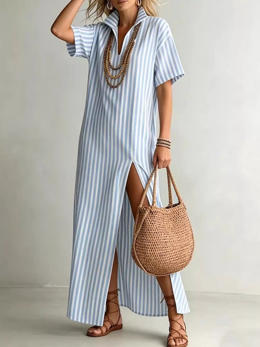 Striped High Slit Maxi Shirt Dress