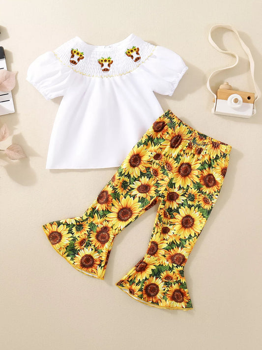 Children's Sunflower Smocked Top and Bell Bottom Set