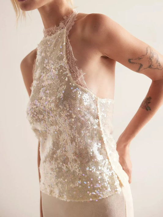 Sequin Lace Trim Halter Neck Cami