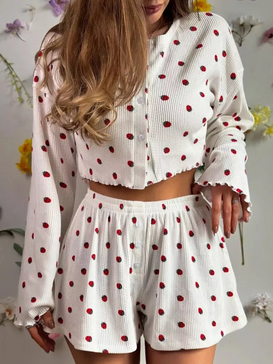 Strawberry Print Button-Down Top and Shorts Lounge Set