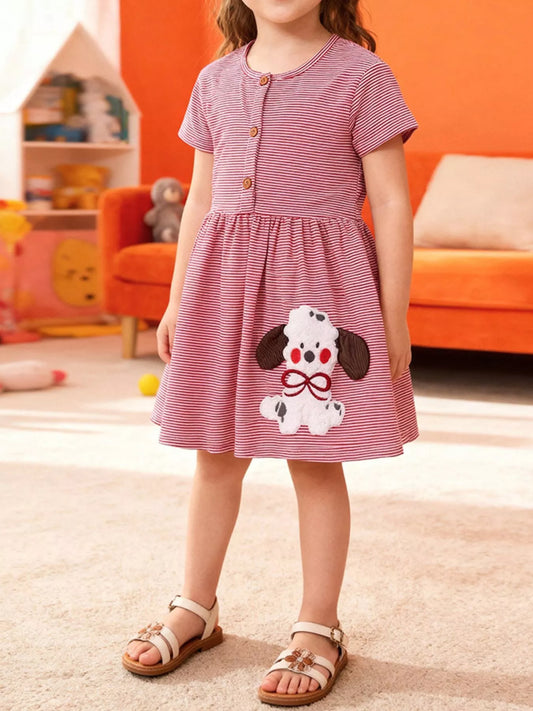 Children's Striped Puppy Short Sleeve Casual Dress