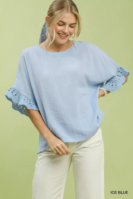 Umgee Crochet Trim Flutter Sleeve Top