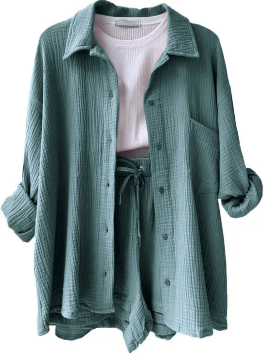 Textured Button Up Shirt and Shorts Set