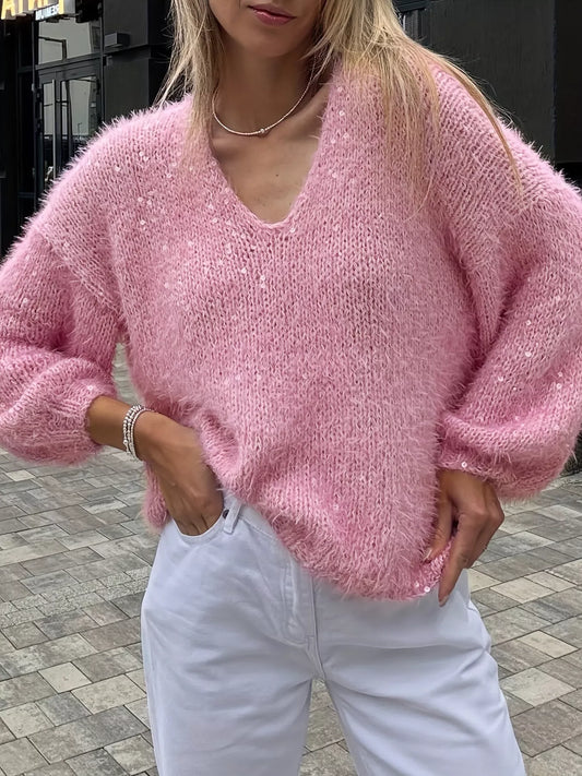 Sqeuin Fuzzy V-Neck Knit Top