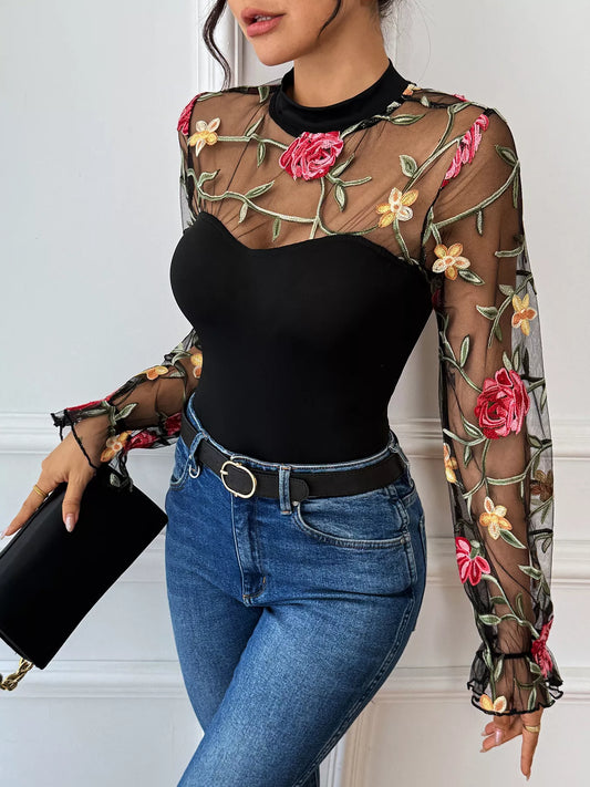 Floral Embroidered Mesh Long Sleeve Bodysuit