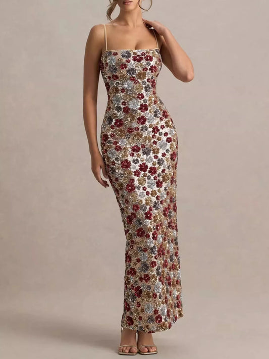 Slit Floral Sequin Bodycon Maxi Dress