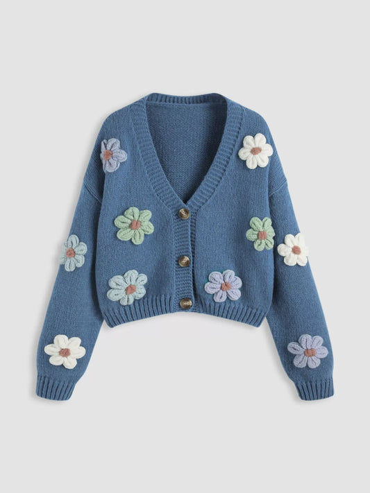Floral Applique V-Neck Knit Cardigan