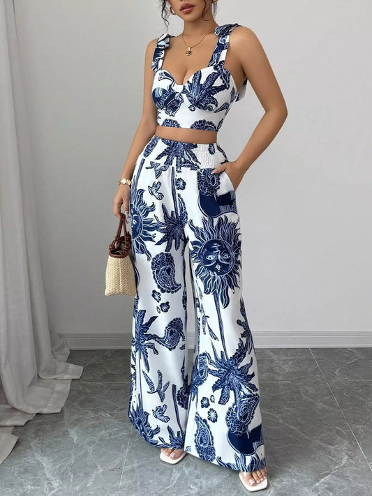 Floral Print Crop Top and Wide Leg Pants Set