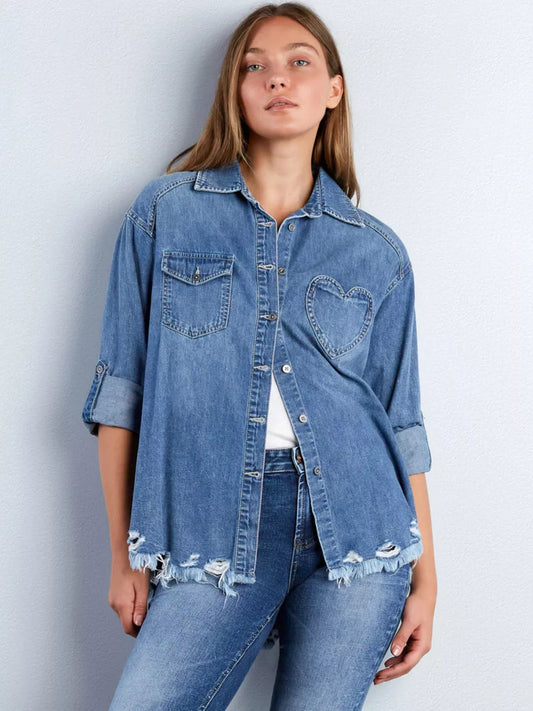 Frayed Hem Roll-Up Sleeve Denim Shirt