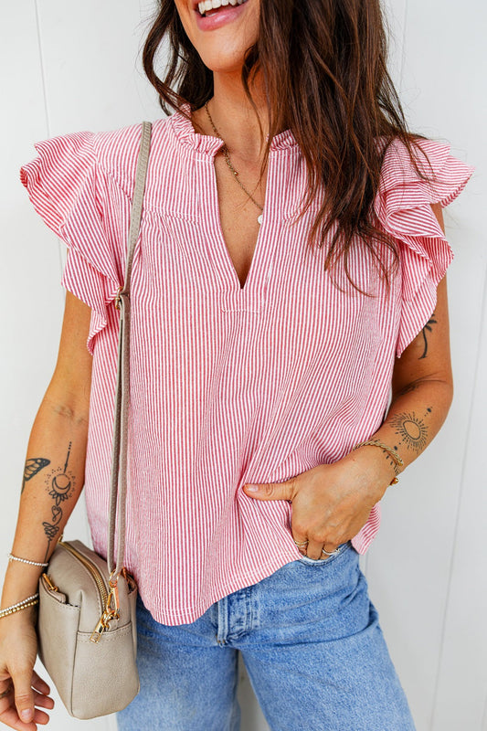 Stripe Frilly Split Neck Double Ruffled Short Sleeve Blouse