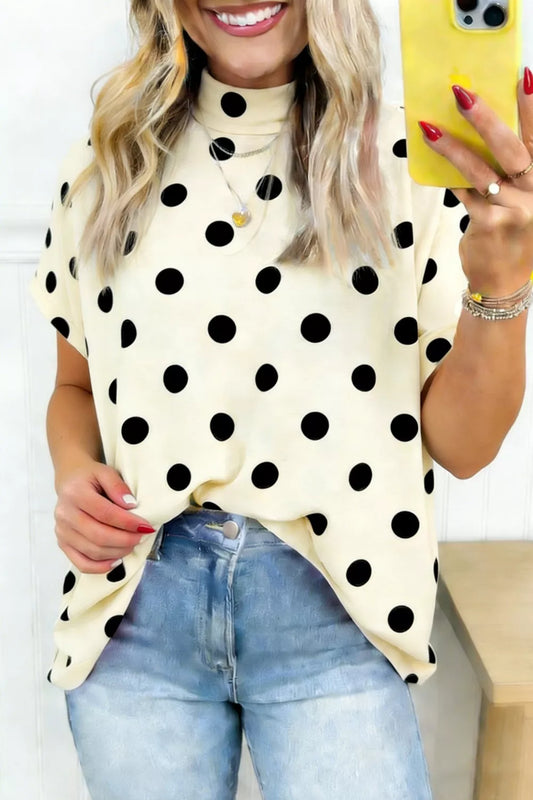 Polka Dot Print High Neck Dolman Top