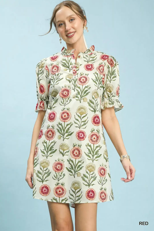 Umgee Floral Puff Sleeve Babydoll Dress with Side Pockets