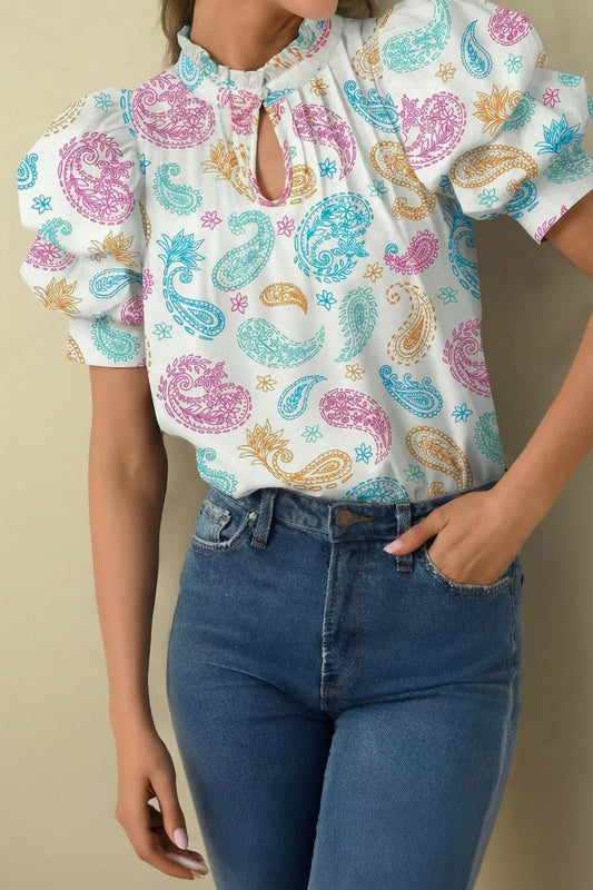 Multicolour Vibrant Paisley Printed Button Keyhole Puff Sleeve Blouse
