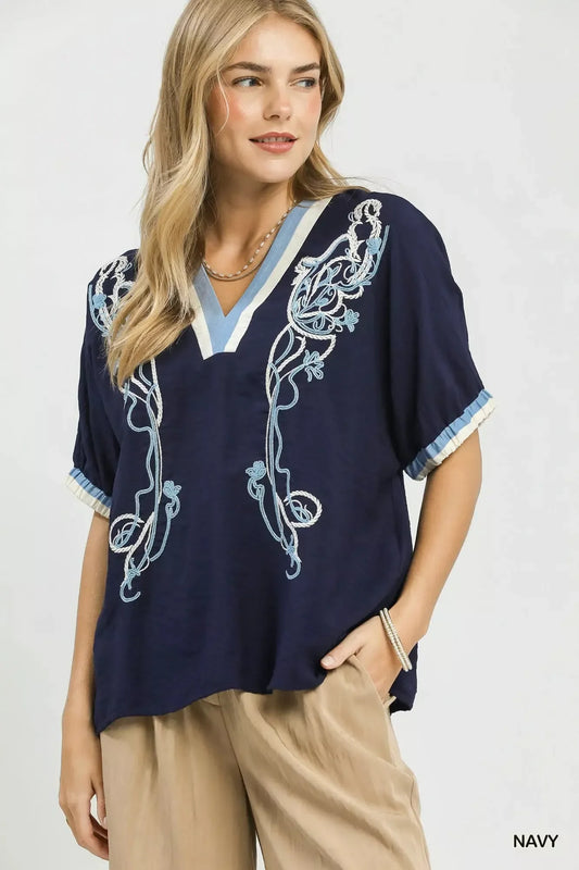 Umgee Embroidered Floral V-Neck Short Sleeve Blouse with Contrast Trim