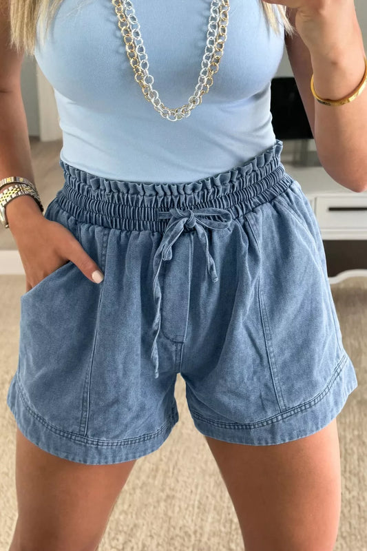 Smocked Elastic Waist Denim Shorts