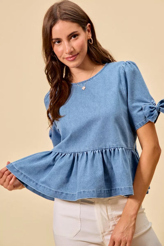 SO ME Denim Bow Detail Short Sleeves Peplum Top