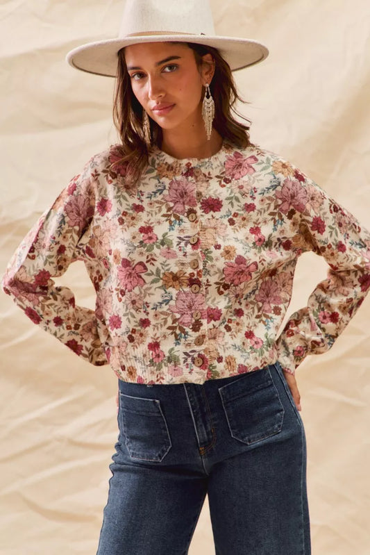 SO ME Floral Print Button Front Sweater Cardigan