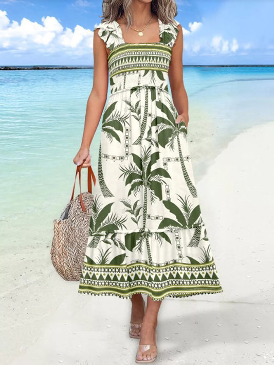 Tropical Palm Print Square Neck Midi Dress