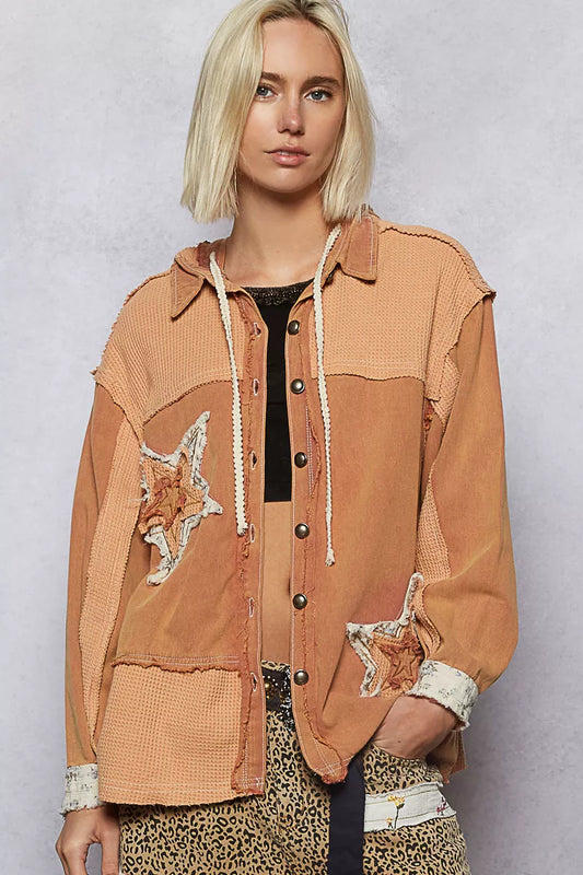 POL Button Down Hooded Jacket with with Star Patch Pattern