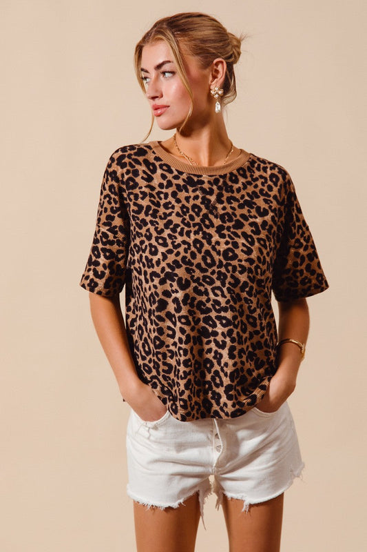SO ME Leopard Thermal Waffle Knit Loose Fit Top