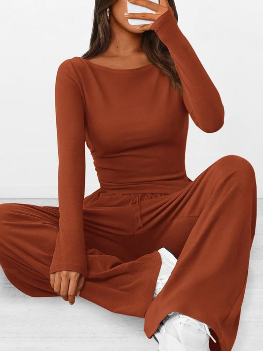 Round Neck Long Sleeve Top and Pants Set