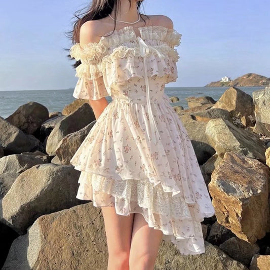 Summer Vietnam Brand Fresh Sweet Floral off Neck Wooden Ear Irregular Asymmetric Swing Holiday Dress