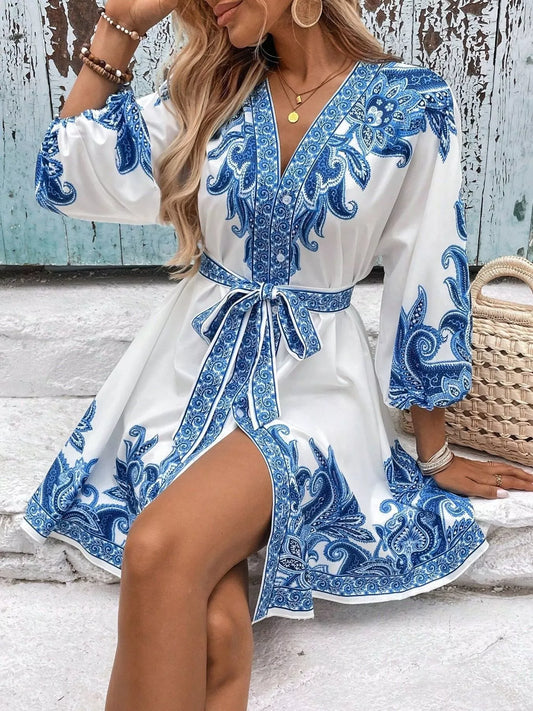 Paisley Print V-Neck Belted Mini Dress