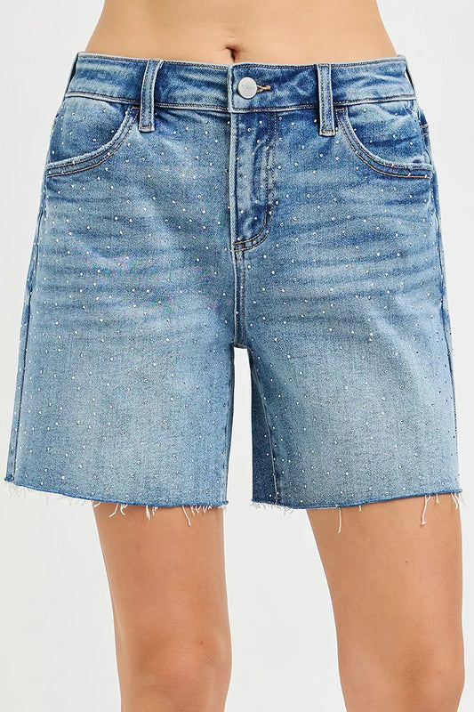 RISEN Slouchy Mid Length All Over Rhinestones Shorts
