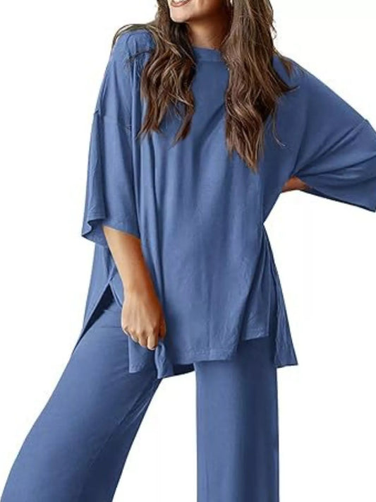 Slit Round Neck Top and Pants Set