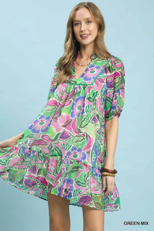 Umgee Abstract Print V-Neck Baby Doll Dress