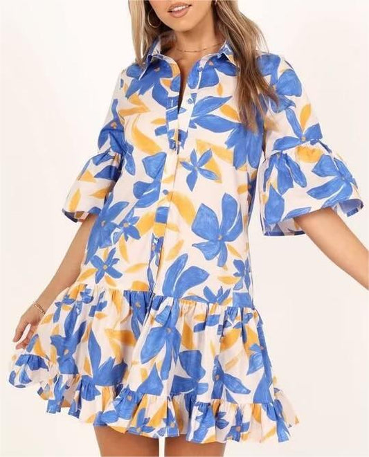 Women Spring Women Blue Big Floral Short Sleeve Dress