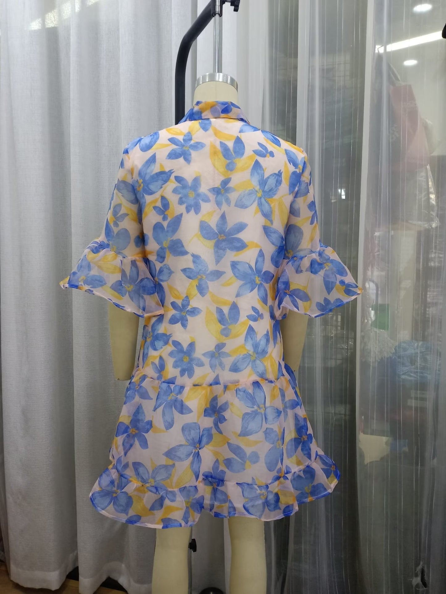 Women Spring Women Blue Big Floral Short Sleeve Dress